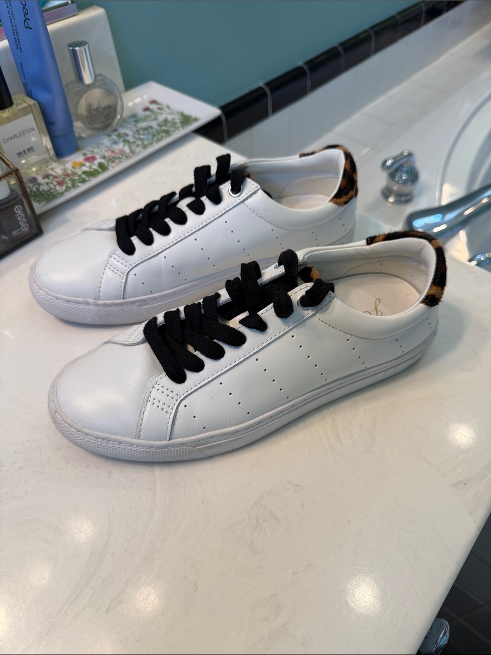 JCrew White Leather Sneakers with Leopard Heel Accent and Black Laces